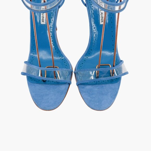 Manolo Blahnik Fersen PVC Sandals Size 40 US 10 Blue Suede High Heels Clear 105 - Picture 5 of 15